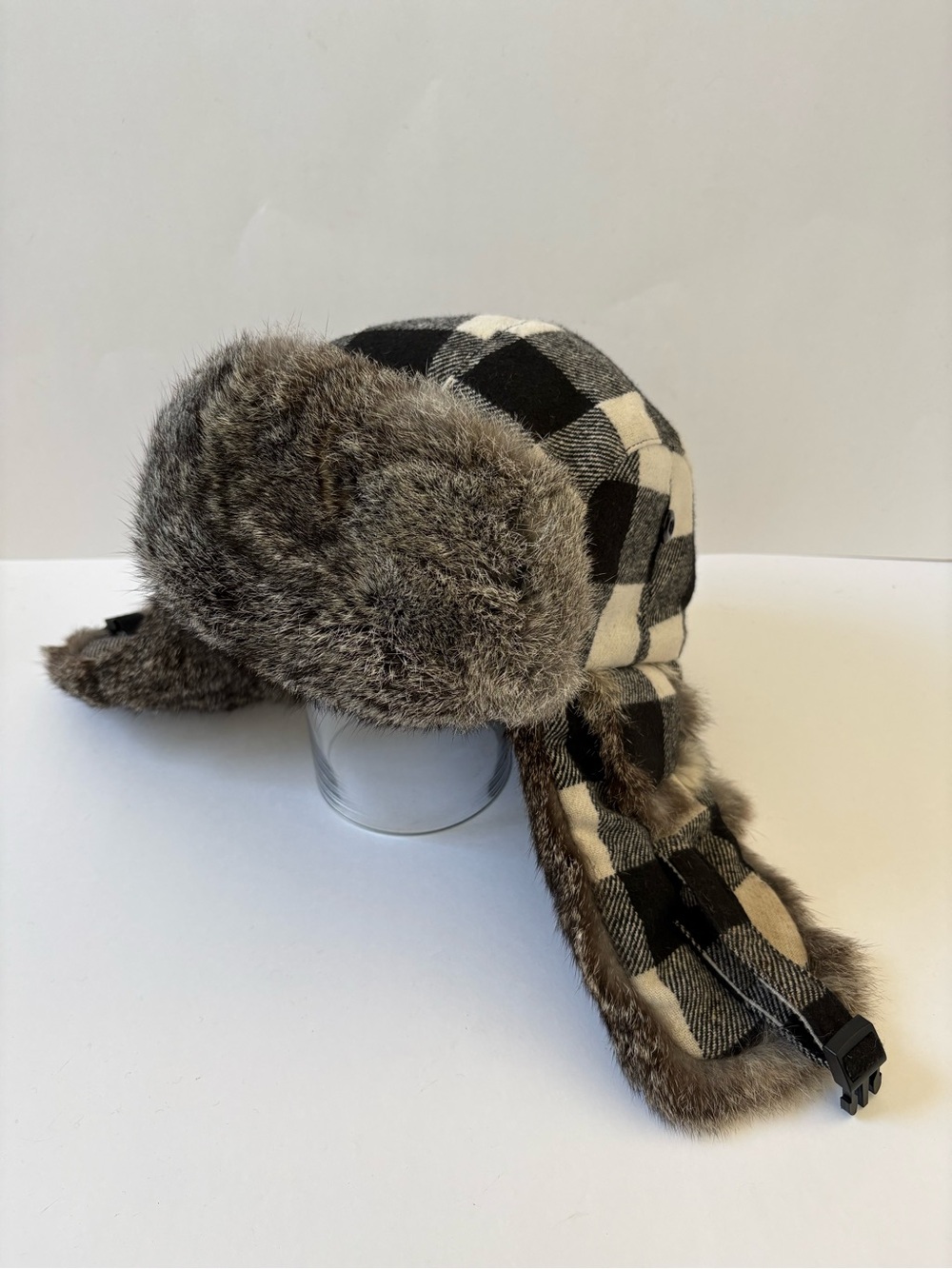 Saks Fifth Avenue Rabbit Fur Trapper Hat Ears Cap Aviator Black White Wool Blend